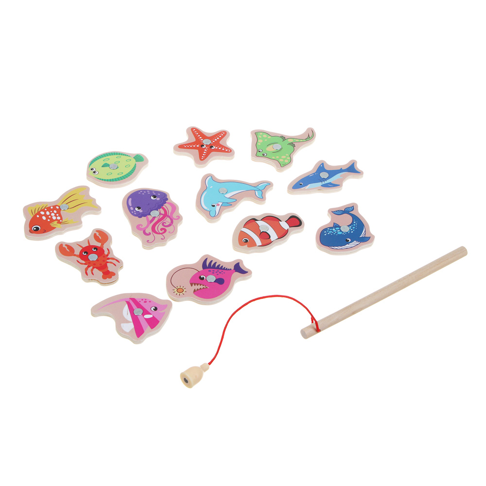 Игрушка развивающая для малышей "Рыбалка магнитная", ИГРОЛЕНД, 12 фигурок, дерево, арт.№ 262-004