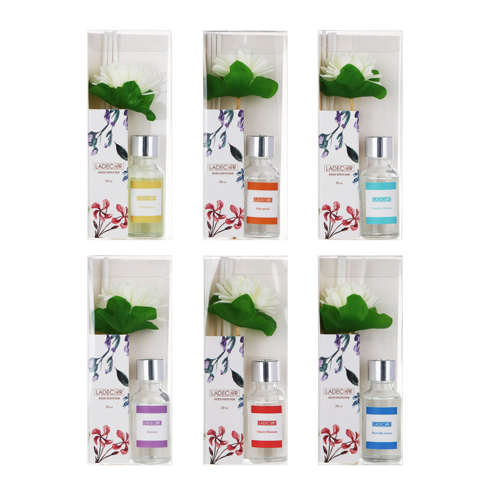 LADECOR Аромадиффузор, 20 мл. белый жасмин, цвет вишни, жасмин, персик, летний бриз, океан, арт.№ 412-216