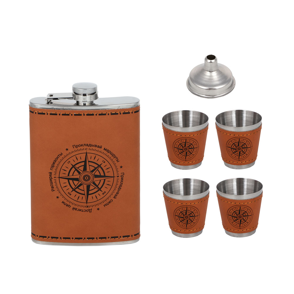 Набор походный тм AZOR FISHING, фляга, 4 стопки, воронка, нержав.сталь, арт.№ 127-037