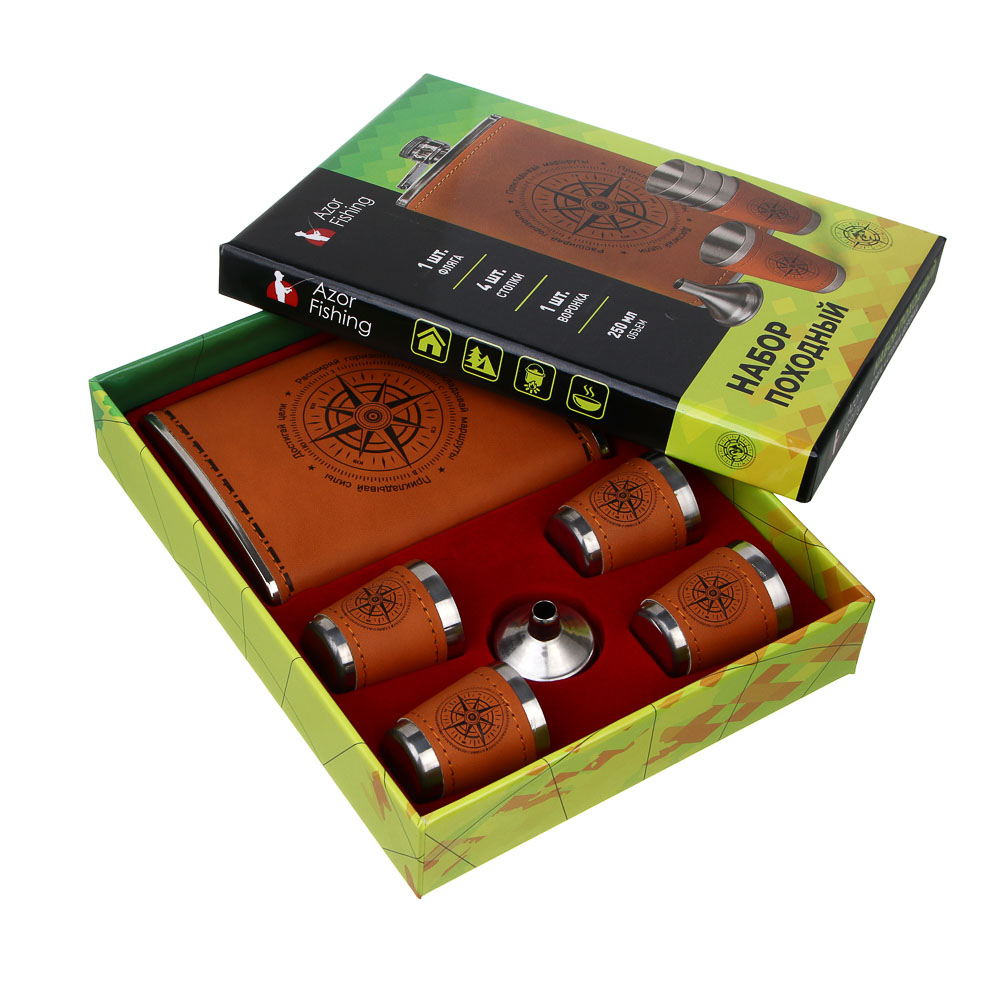 Набор походный тм AZOR FISHING, фляга, 4 стопки, воронка, нержав.сталь, арт.№ 127-037