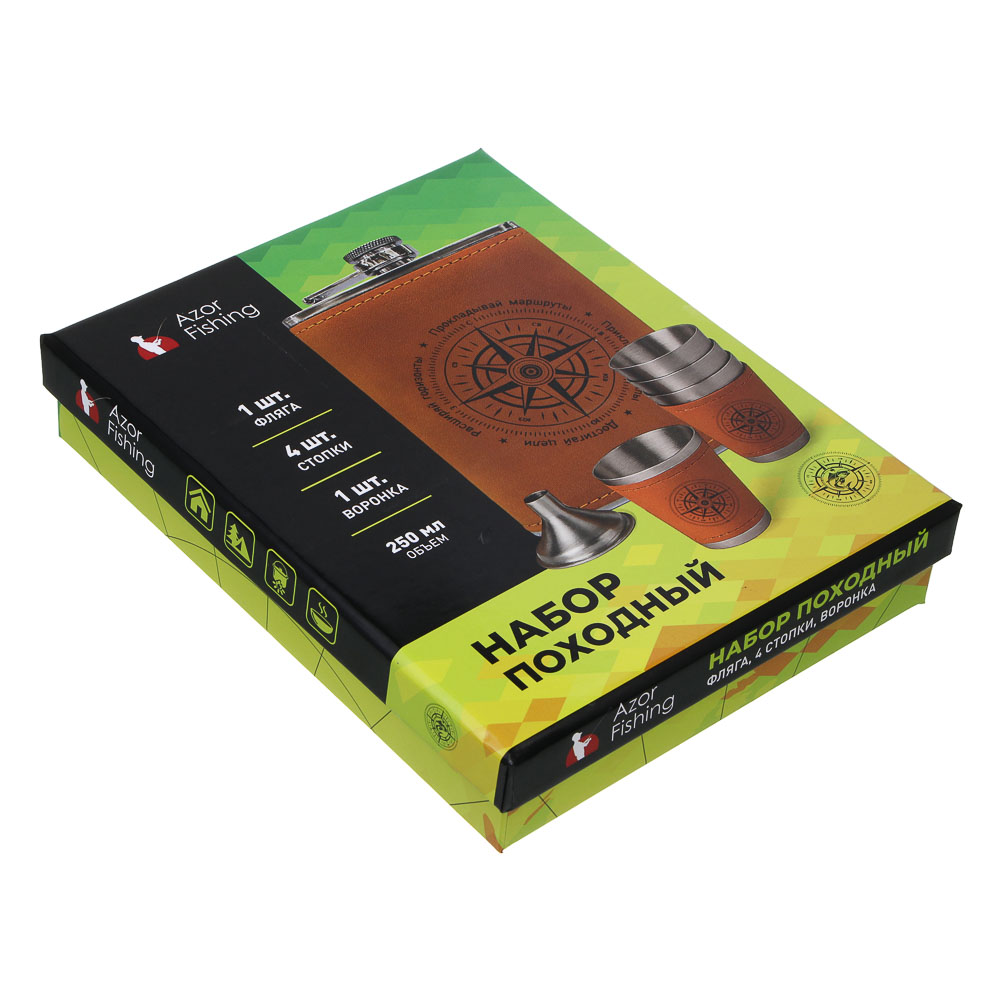 Набор походный тм AZOR FISHING, фляга, 4 стопки, воронка, нержав.сталь, арт.№ 127-037