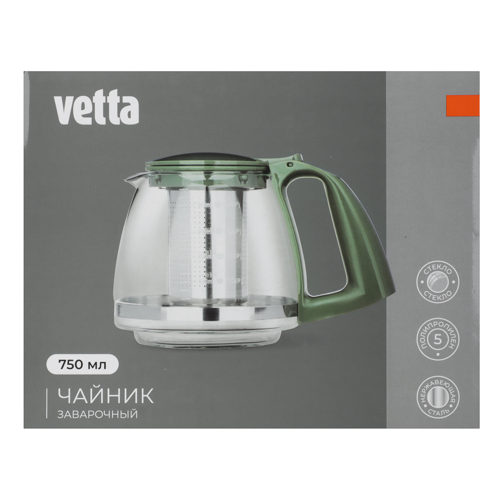 VETTA Чайник заварочный 750мл, ситечко из нержавеющей стали, стекло, полипропилен, арт.№ 850-141