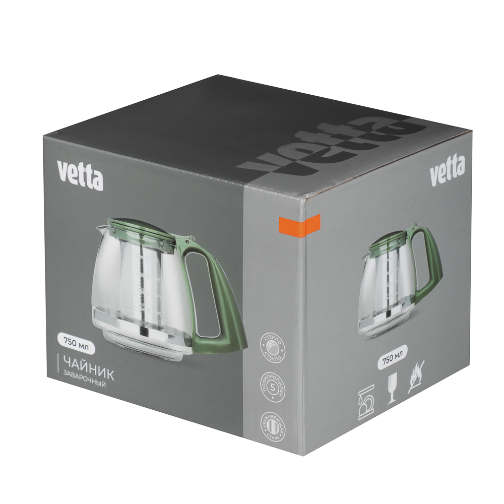 VETTA Чайник заварочный 750мл, ситечко из нержавеющей стали, стекло, полипропилен, арт.№ 850-141