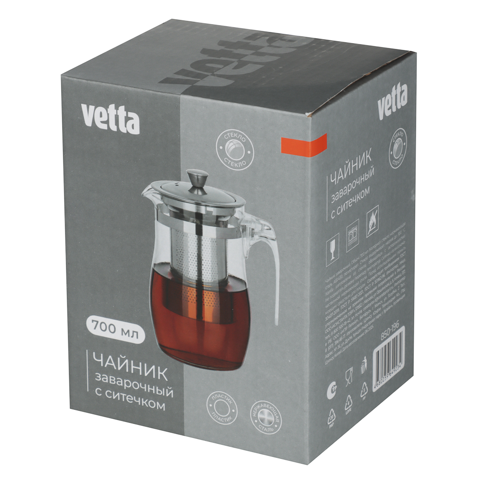VETTA Чайник заварочный 700мл с ситечком, нерж.сталь, стекло, полистирол, арт.№ 850-196