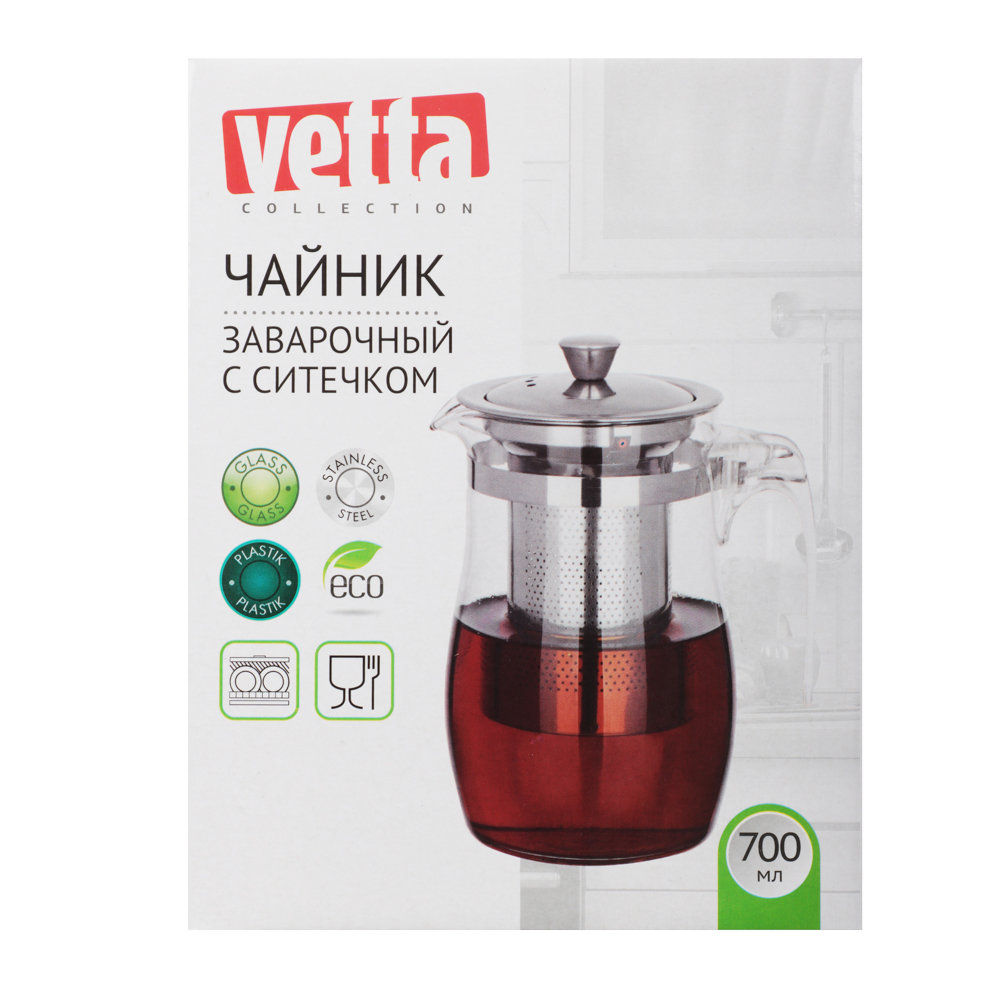 VETTA Чайник заварочный 700мл с ситечком, нерж.сталь, стекло, полистирол, арт.№ 850-196