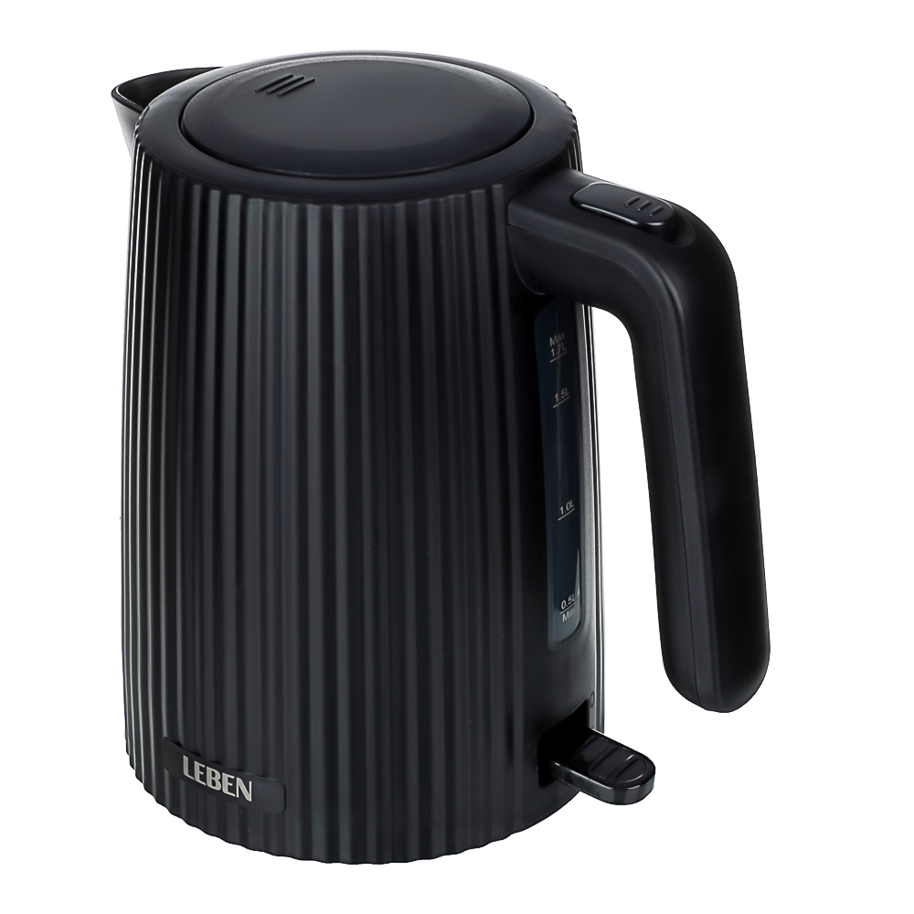 LEBEN Чайник электрический, 1,7 л, 2200 Вт, скрытый нагр. элемент, пластик, черный, арт.№ 291-122