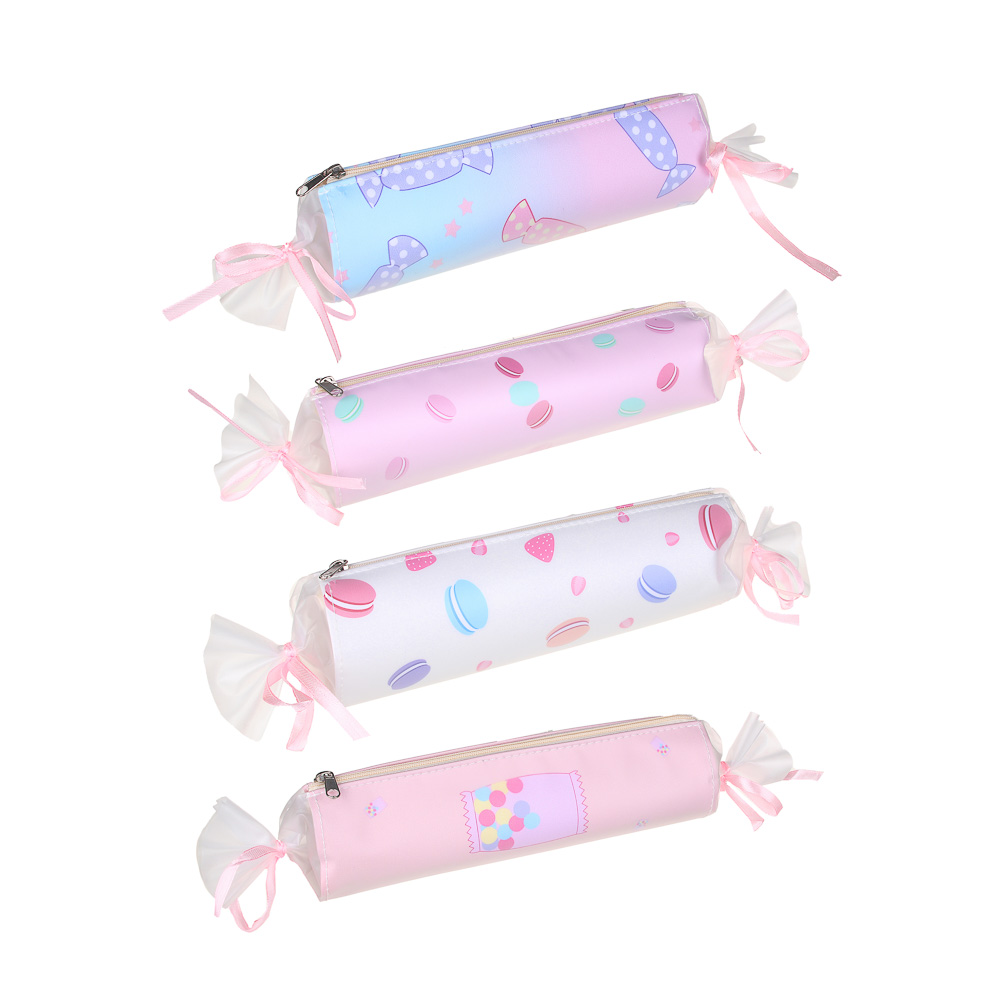 Пенал круглый в форме конфеты, 21х6х6см, иск.кожа с печатью, декор тесьмой, 4 дизайна, ПВХ бокс, арт.№ 238-269