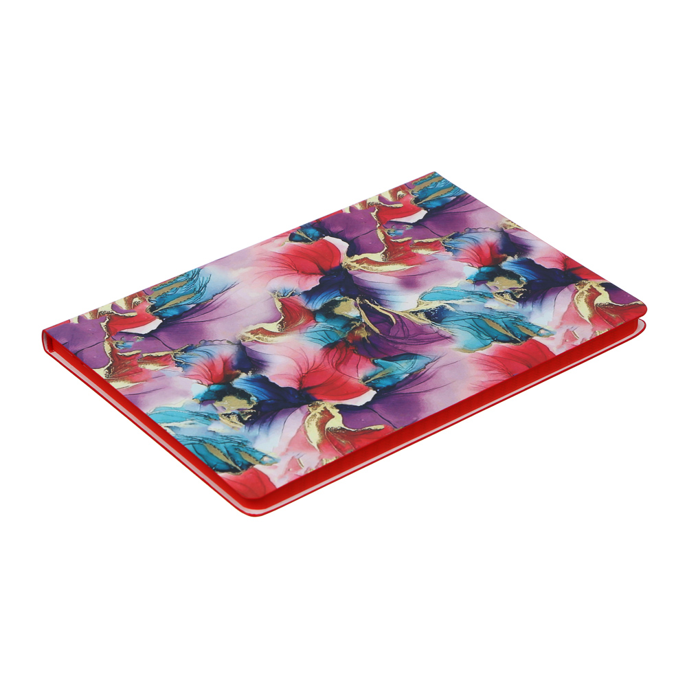 Бизнес - блокнот "ЦВЕТЫ НА СИРЕНЕВОМ" А5, 192 стр., гибкая обл., иск.кожа с печатью, красный срез, арт.№ 572-210