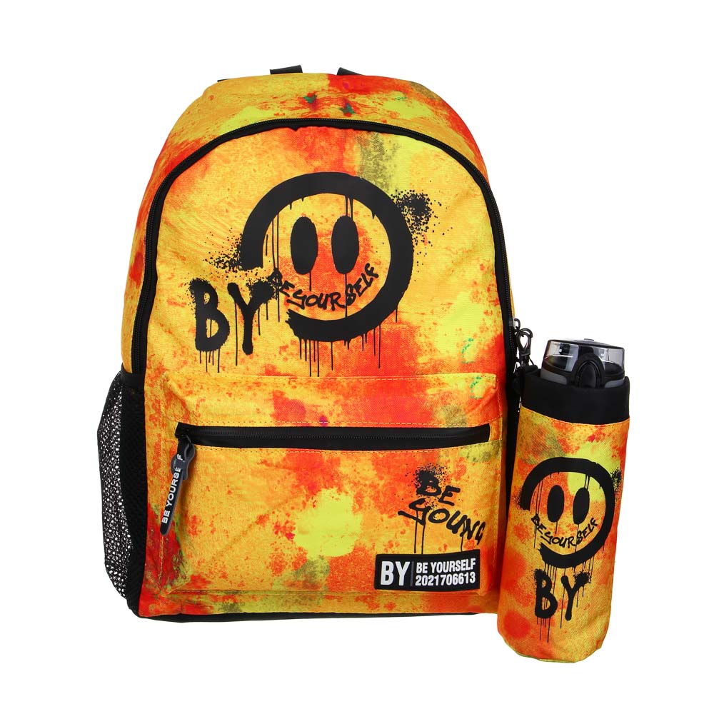BY СМАЙЛ Рюкзак подростковый, 41x29x18см, 1 отд., 4 карм., желтый фон, бутылка для воды в чехле, ПЭ, арт.№ 254-660