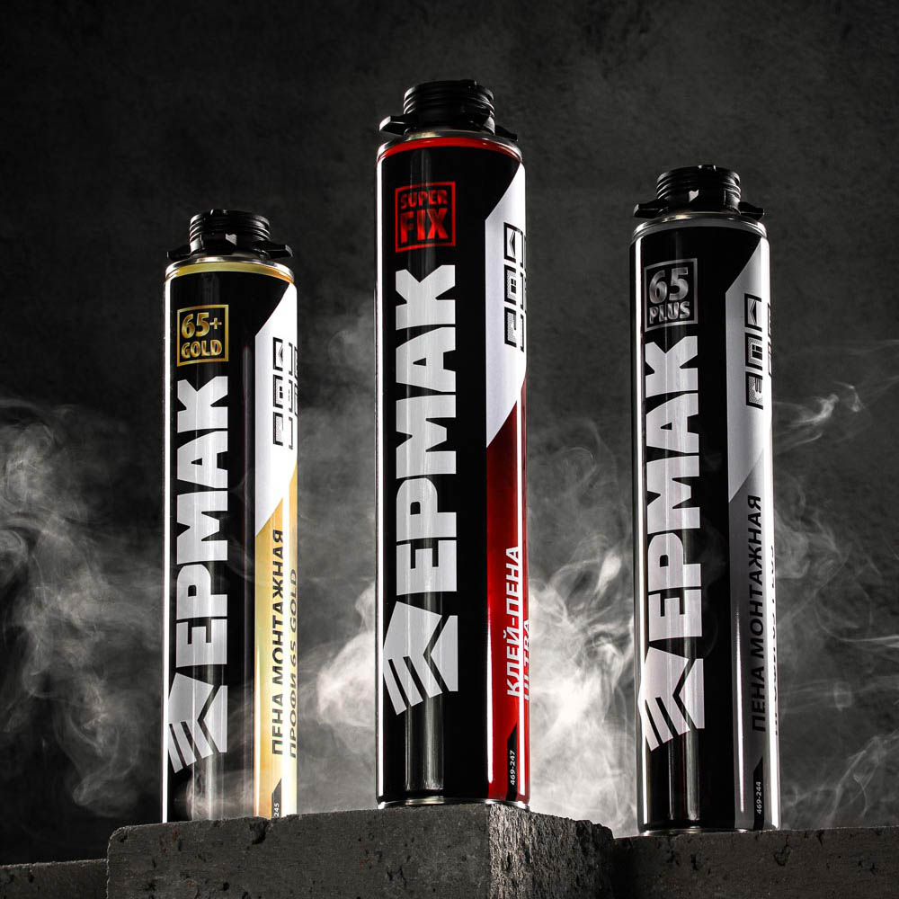 Пена монтажная Профи 65 PLUS тм ЕРМАК, всесезон, баллон 1л, м.брут 850г, под пистолет, выход до 50л, арт.№ 469-244