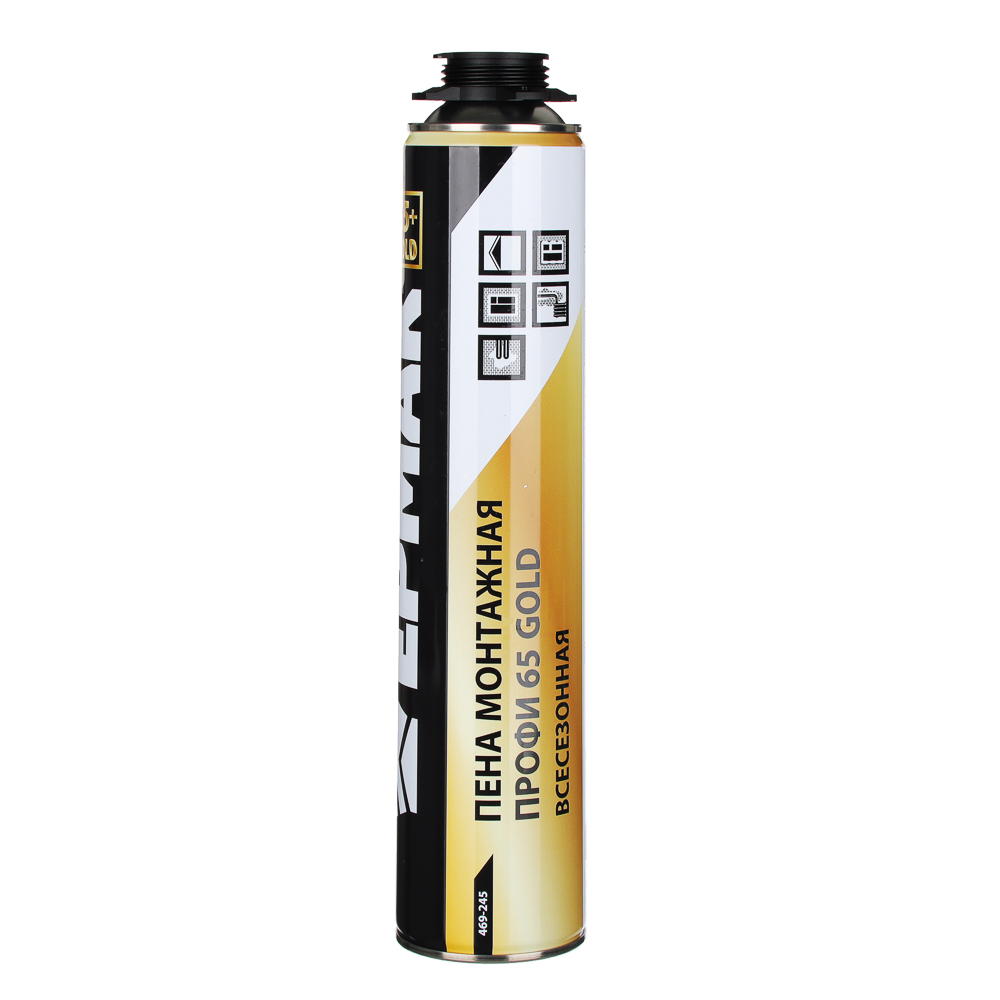 Пена монтажная Профи 65 GOLD тм ЕРМАК, всесезон, баллон 1л, м.брут 960г, под пистолет, выход до 60л, арт.№ 469-245