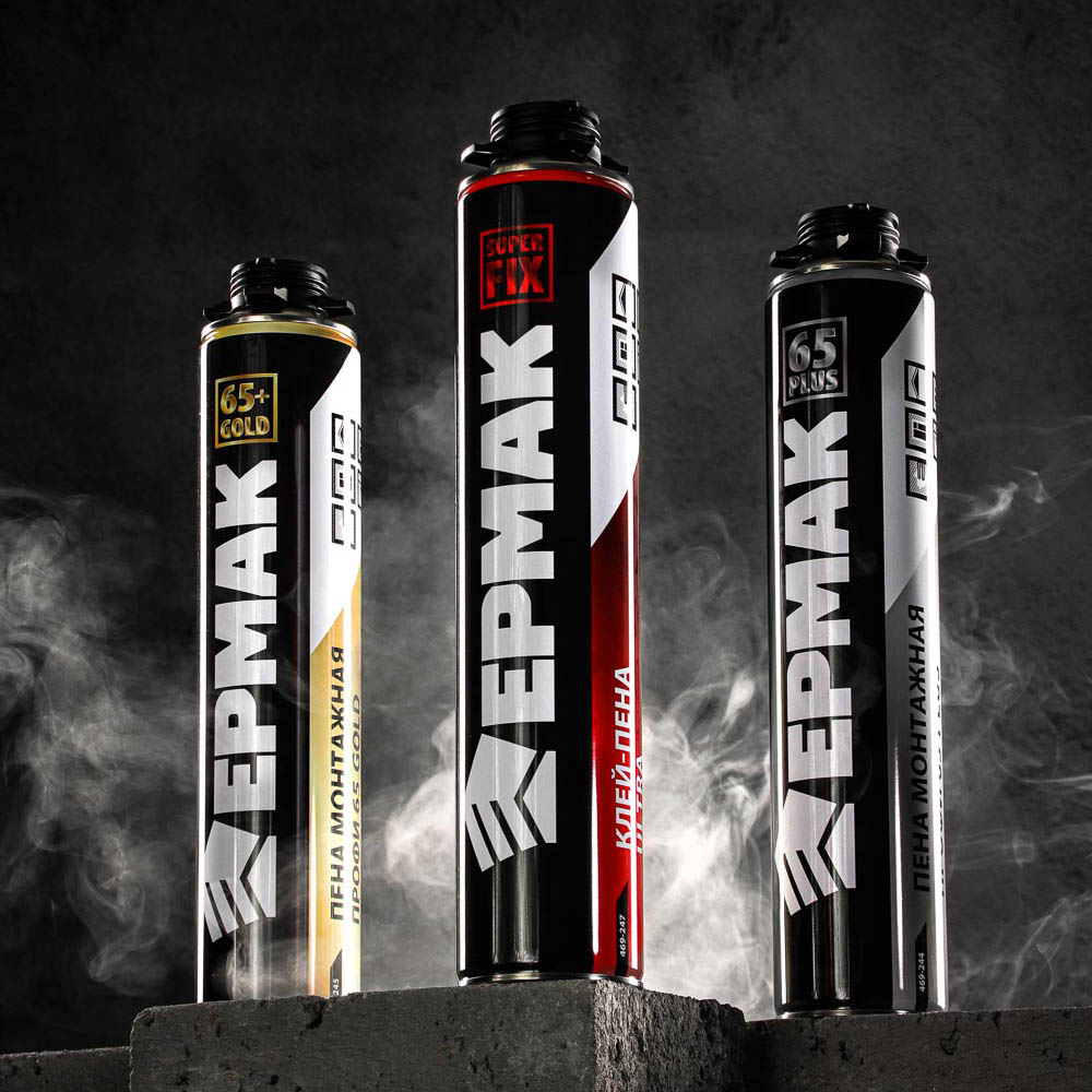 Пена монтажная Профи 65 GOLD тм ЕРМАК, всесезон, баллон 1л, м.брут 960г, под пистолет, выход до 60л, арт.№ 469-245