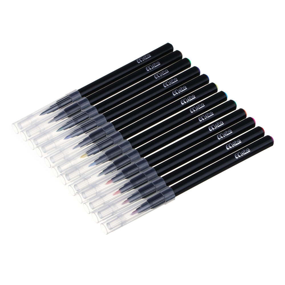 Фломастеры-кисточки 12 цветов СlipStudio "Альфа", с прозрачным колпачком, черный корпус, смываемые, арт.№ 256-283
