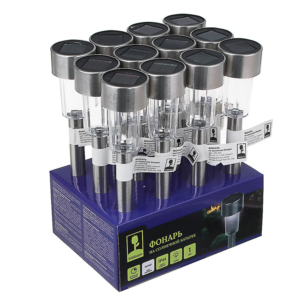 Фонарь на солнечной батарее 30х4,7 см INBLOOM, 1 LED, цвет свечения белый, 1.2V 40mAh Ni-MH, пластик, нержавеющая сталь, арт.№ 475-340