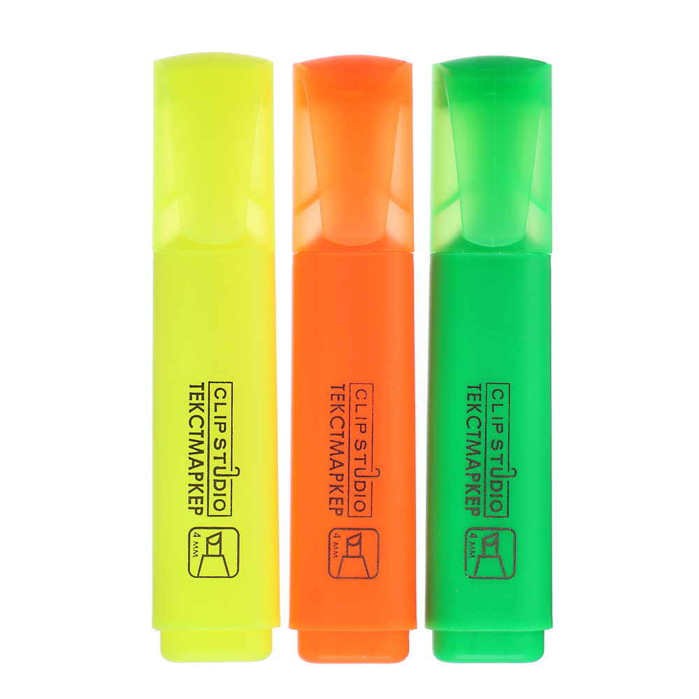 ClipStudio Набор маркеров-выделителей, 3цв., плоский корпус, скошенный наконечник 4мм, в ПВХ пенале, арт.№ 526-501