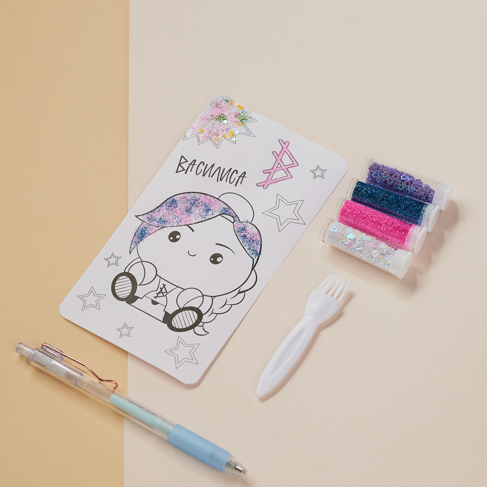 BY Русские Супергерои Набор д/рис.блестками: блест.4 цв., ручка с клеем, кисть, 4 раскраски, "Кавай", арт.№ 590-003