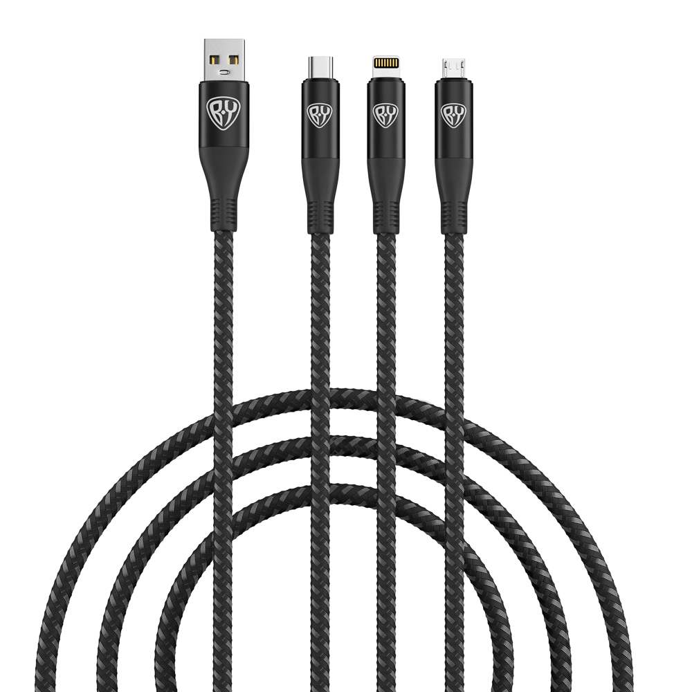 Рыжий Кабель для зарядки 3в1, iP/Micro USB/Type-C, 1.5м, 2.4А, тканевая оплётка, серый, арт.№ 931-115