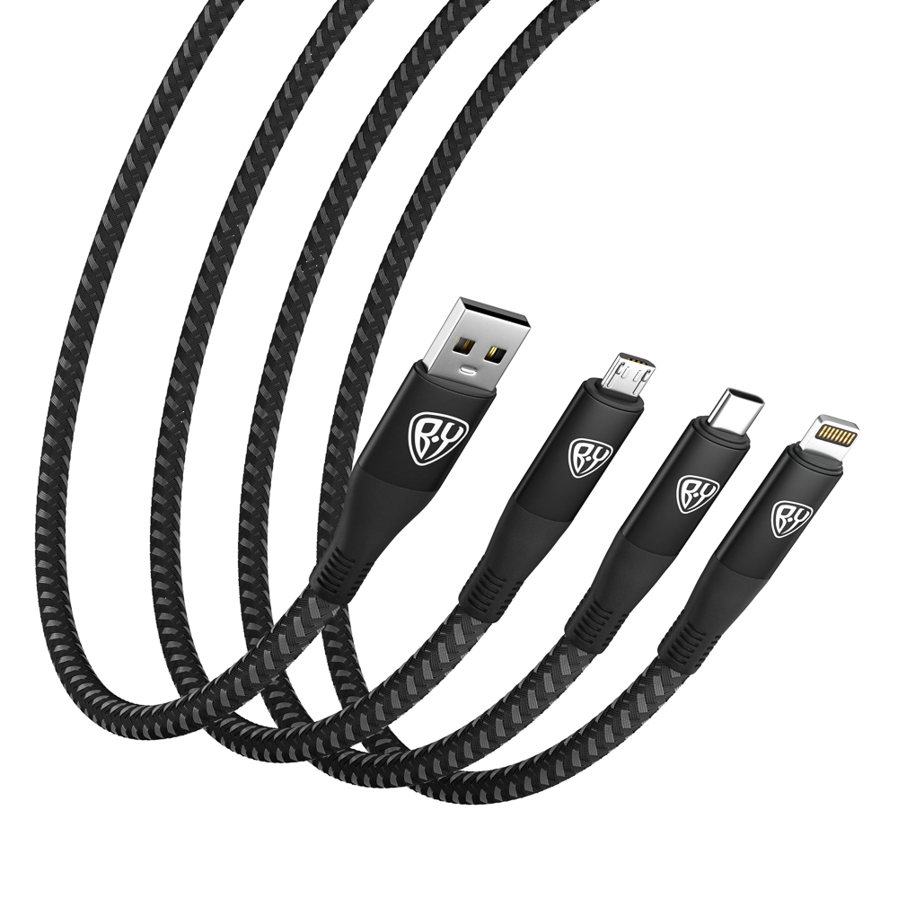 Рыжий Кабель для зарядки 3в1, iP/Micro USB/Type-C, 1.5м, 2.4А, тканевая оплётка, серый, арт.№ 931-115