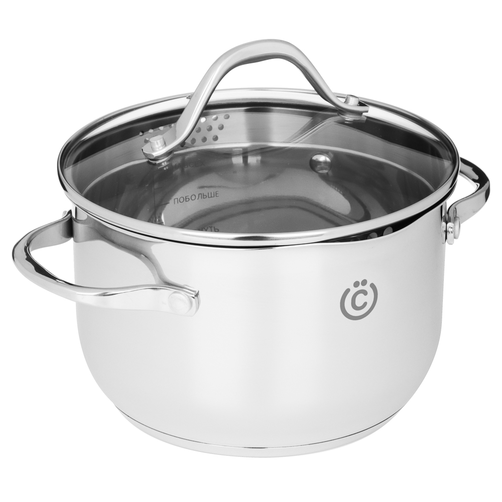 ВСЁГАЗИН Аджира Кастрюля 18х11,5см, 2,7л, со стекл. крышкой, индукция, нерж. сталь 18/10, арт.№ 822-237