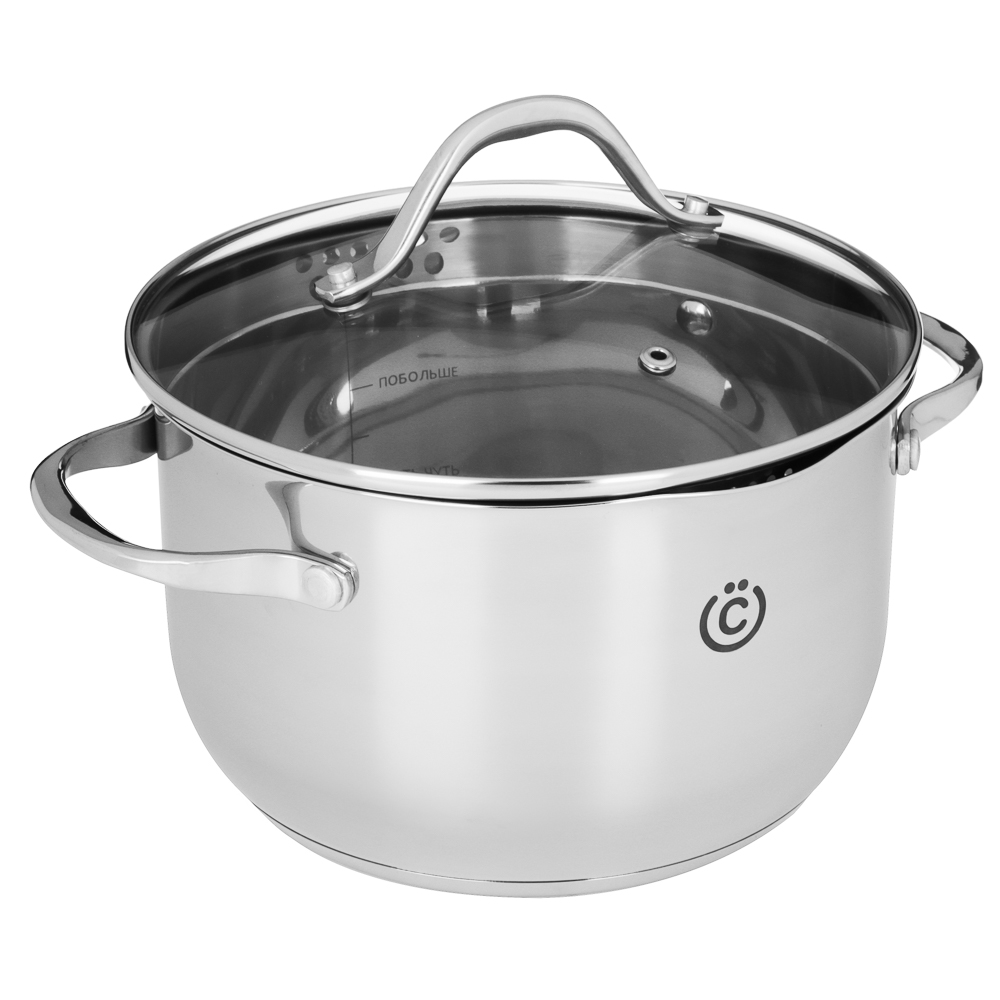 ВСЁГАЗИН Аджира Кастрюля 20х12,5см, 3,6л, со стекл. крышкой, индукция, нерж. сталь 18/10, арт.№ 822-238