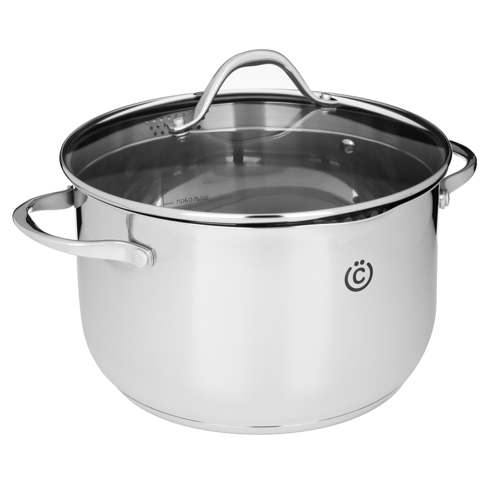ВСЁГАЗИН Аджира Кастрюля 24х14,5см, 6,3л, со стекл. крышкой, индукция, нерж. сталь 18/10, арт.№ 822-240