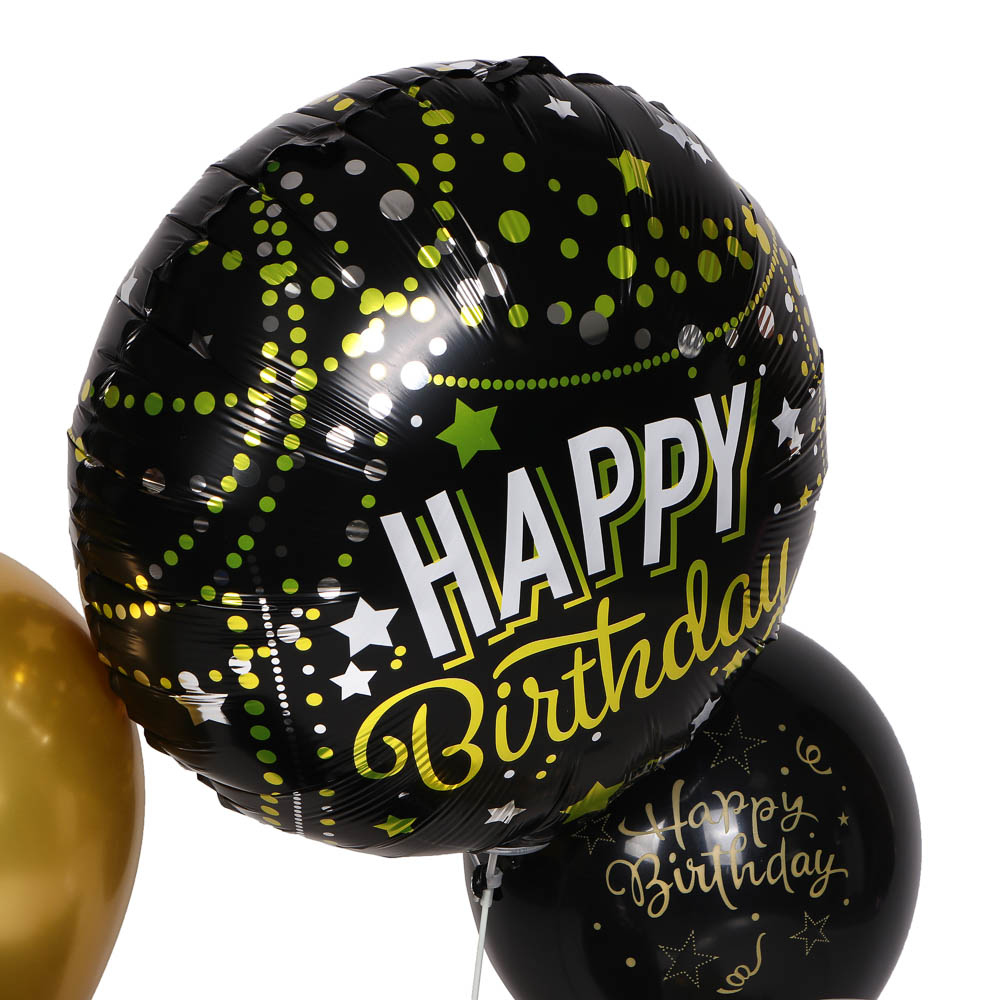 Набор воздушных шаров тм Fntastic 6 шт с подставкой, фольга, пластик, картон, "Happy Birthday", черн, арт.№ 518-043