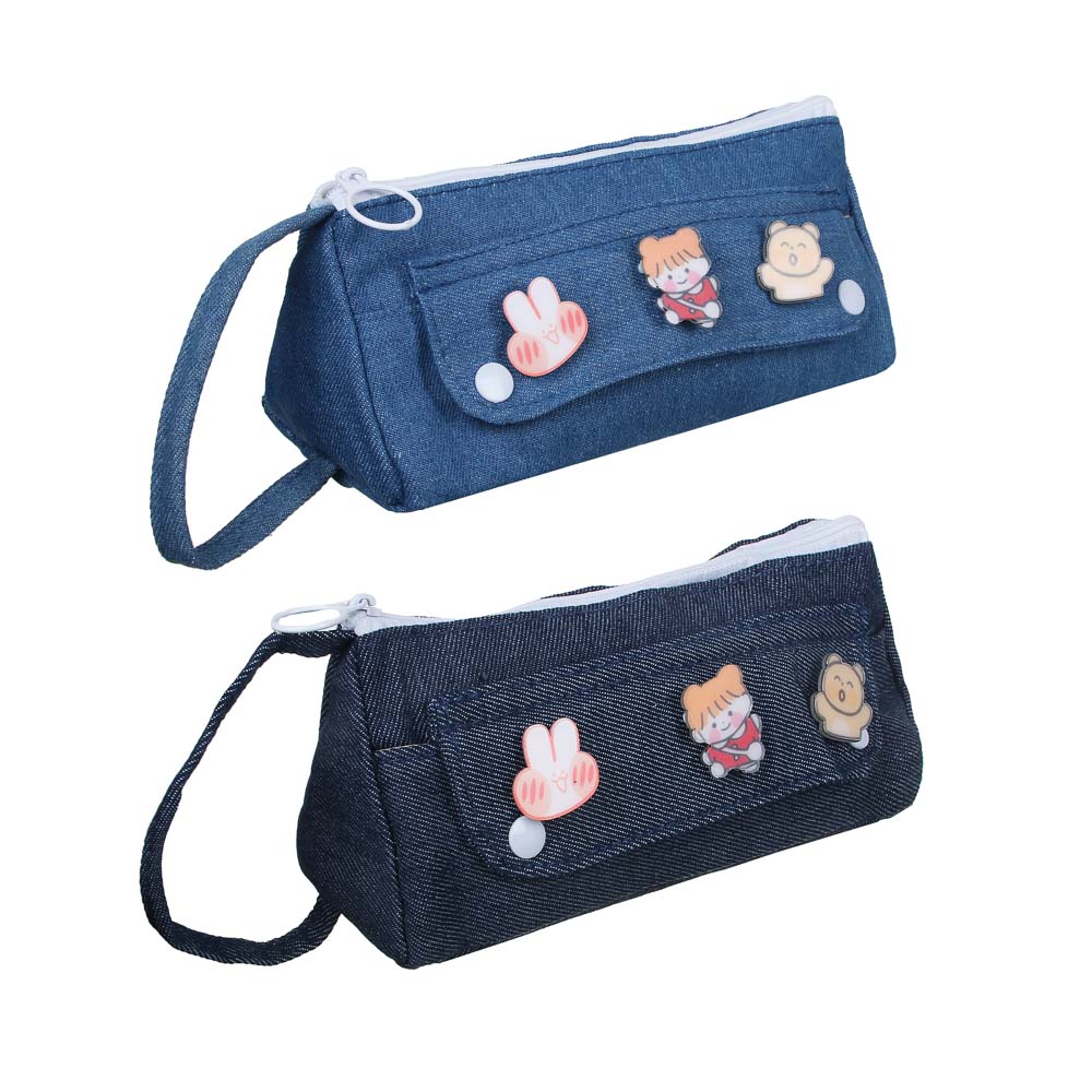 Пенал школьный треугольный 21х9х8 см, 1 отделение, 1 карман, джинсовый материал, декор металлическими нашивками, ручка, 2 дизайна, арт.№ 238-314