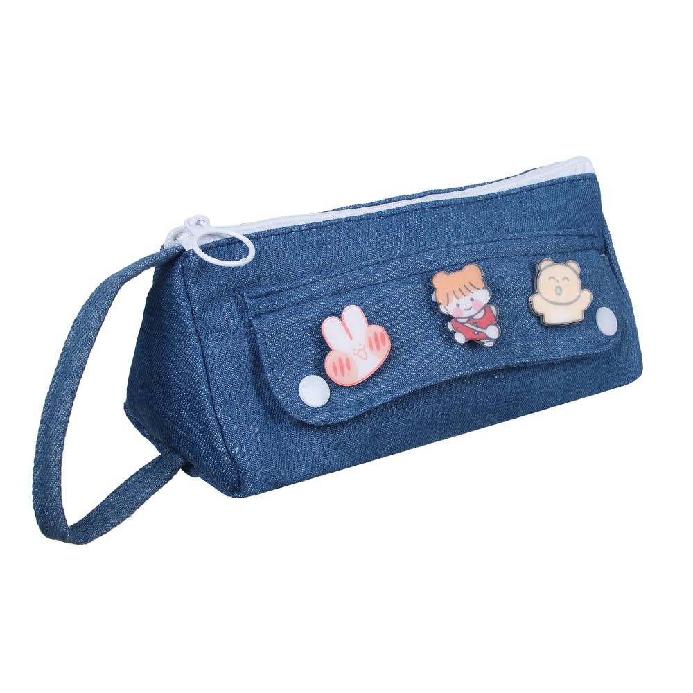 Пенал школьный треугольный 21х9х8 см, 1 отделение, 1 карман, джинсовый материал, декор металлическими нашивками, ручка, 2 дизайна, арт.№ 238-314