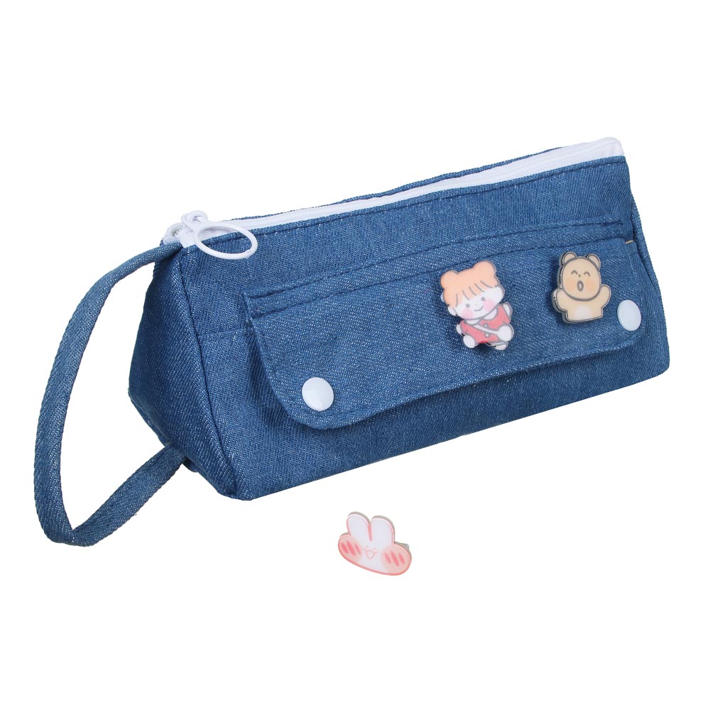 Пенал школьный треугольный 21х9х8 см, 1 отделение, 1 карман, джинсовый материал, декор металлическими нашивками, ручка, 2 дизайна, арт.№ 238-314