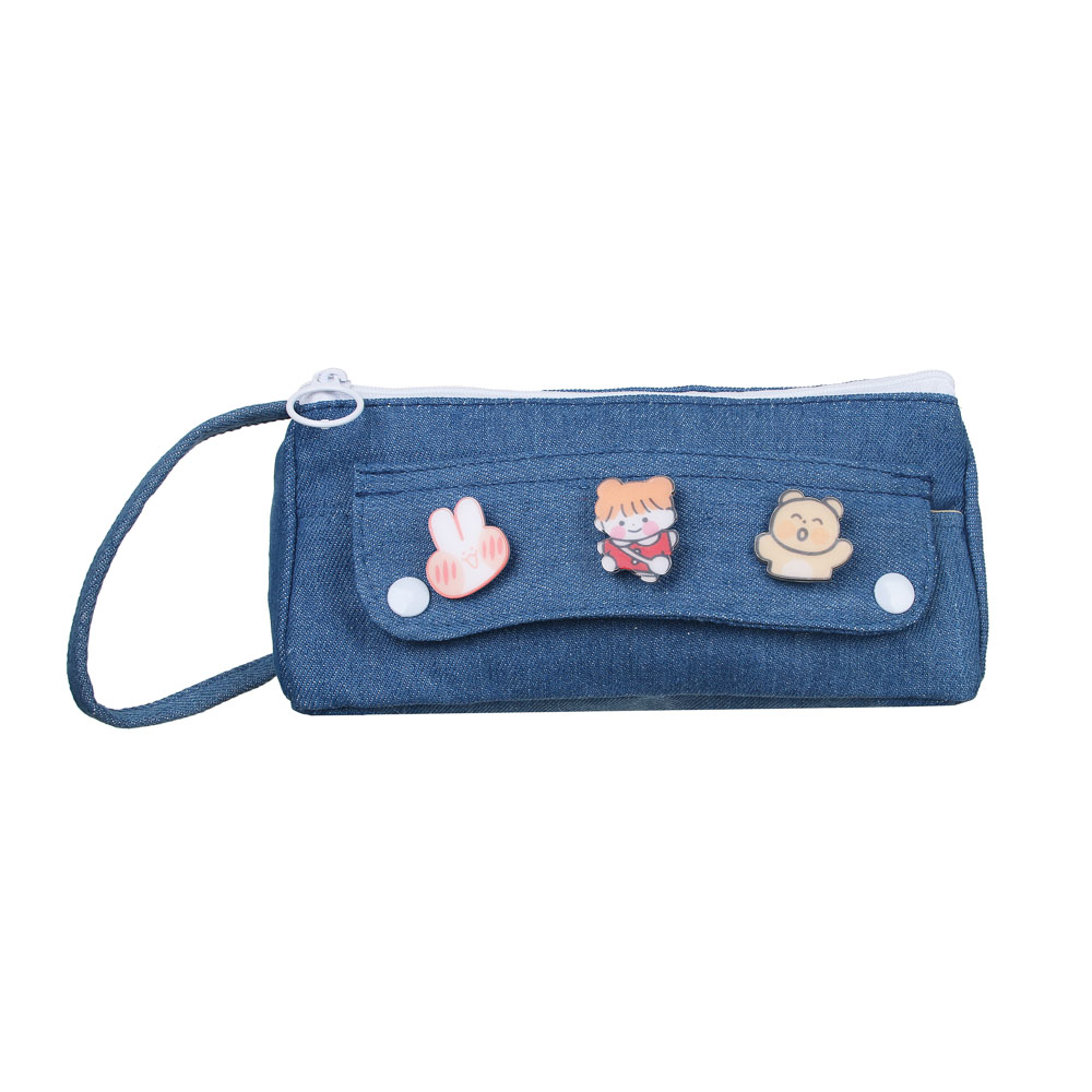 Пенал школьный треугольный 21х9х8 см, 1 отделение, 1 карман, джинсовый материал, декор металлическими нашивками, ручка, 2 дизайна, арт.№ 238-314