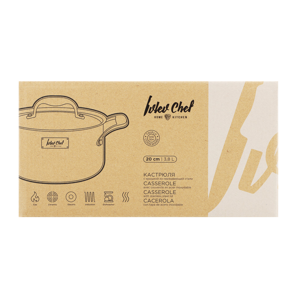 Ivlev Chef Ladoga Кастрюля 20х12,5см 3,8л, с нерж. крышкой, индукция, нерж.сталь 18/10, арт.№ 822-255