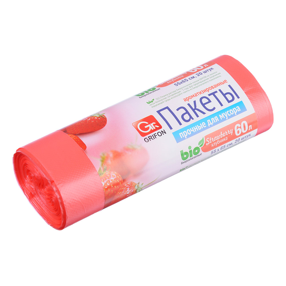 GRIFON Мешки для мусора БИО 60 л, 20 шт, стандарт, 4 аромата (ваниль,клубника,лаванда, лимон), рулон, арт.№ 449-045