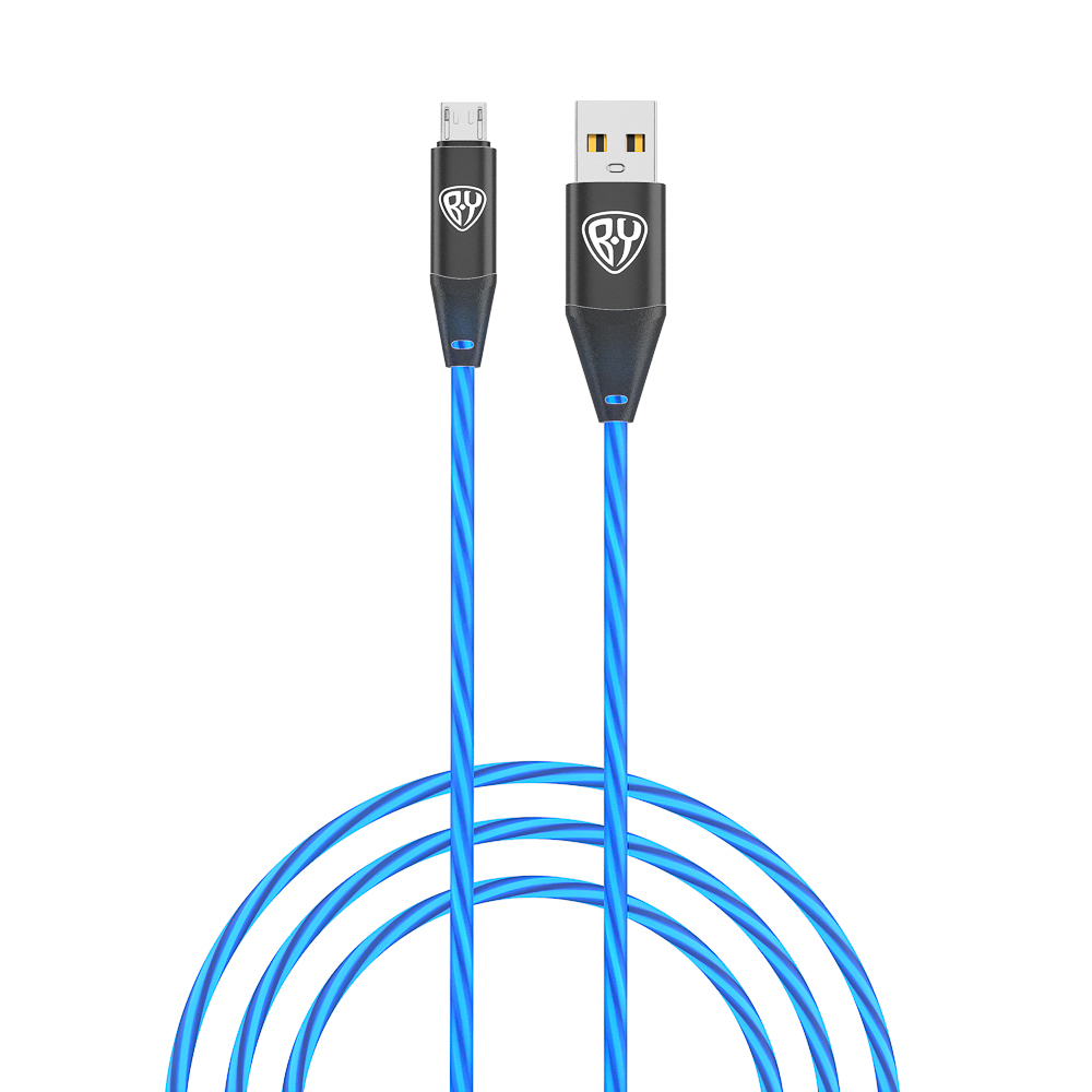 Кабель для зарядки USB(A)-microUSB BY Светящийся, 1м, 2.4А, Быстрая зарядка, LED подсветка синяя, арт.№ 443-012