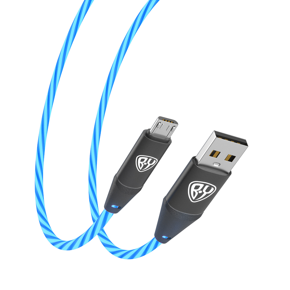 Кабель для зарядки USB(A)-microUSB BY Светящийся, 1м, 2.4А, Быстрая зарядка, LED подсветка синяя, арт.№ 443-012