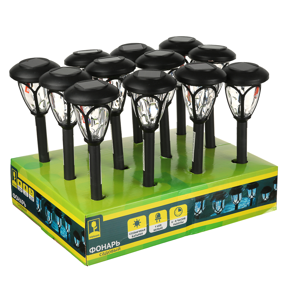 INBLOOM Фонарь садовый на солн. Батарее  9.5x39см 1.2V  AAA NI-MH, 1LED*белый, пластик, арт.№ 185-019