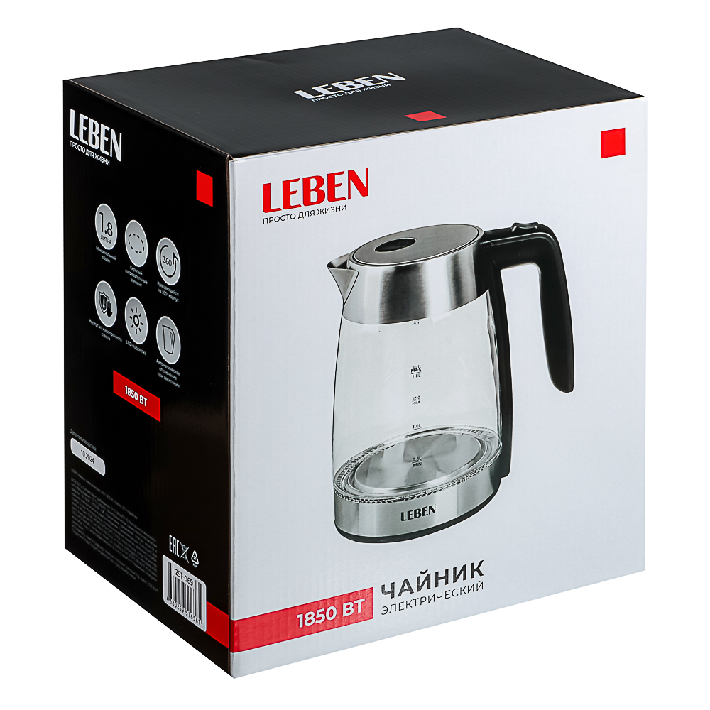 LEBEN Чайник электрический 1,8л, 1850Вт, стекло, LED подсветка, арт.№ 291-069