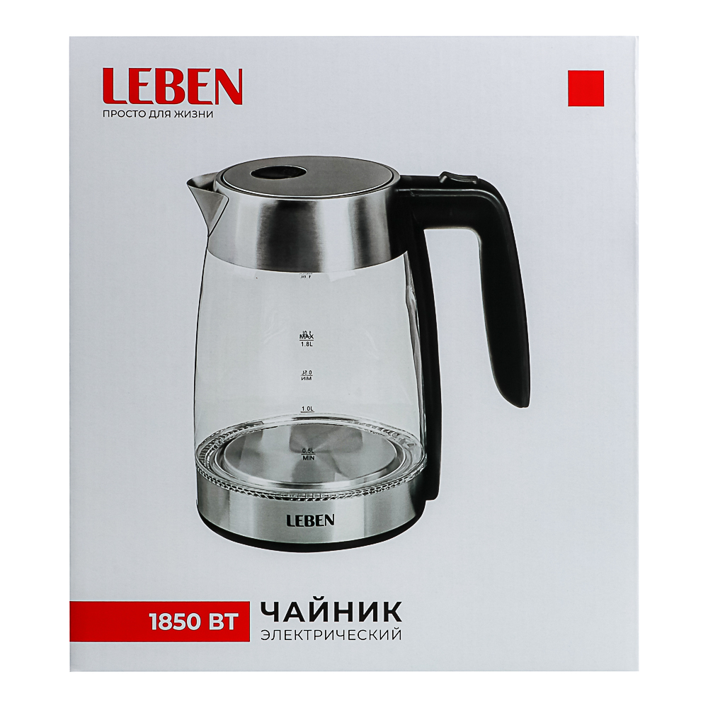 LEBEN Чайник электрический 1,8л, 1850Вт, стекло, LED подсветка, арт.№ 291-069