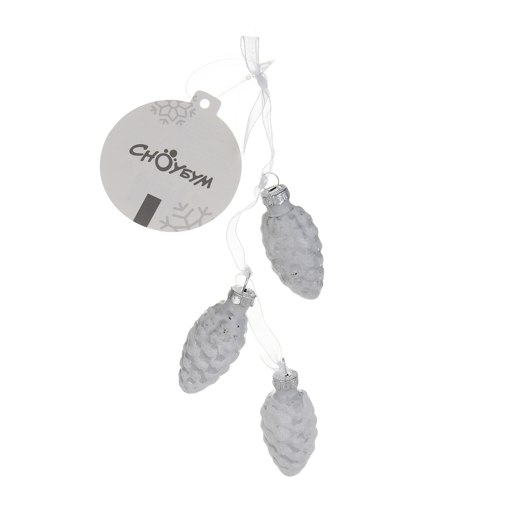 СНОУ БУМ Набор украшений "Шишки" на ленте 6,3x2,5 см, 3 шт, стекло белые, арт.№ 368-123