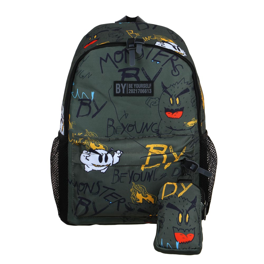 BY МОНСТРИКИ Рюкзак подростковый, 41x29x18см, 1 отд., 4 карм., плотный ПЭ, зеленый фон, кошелек, арт.№ 254-659