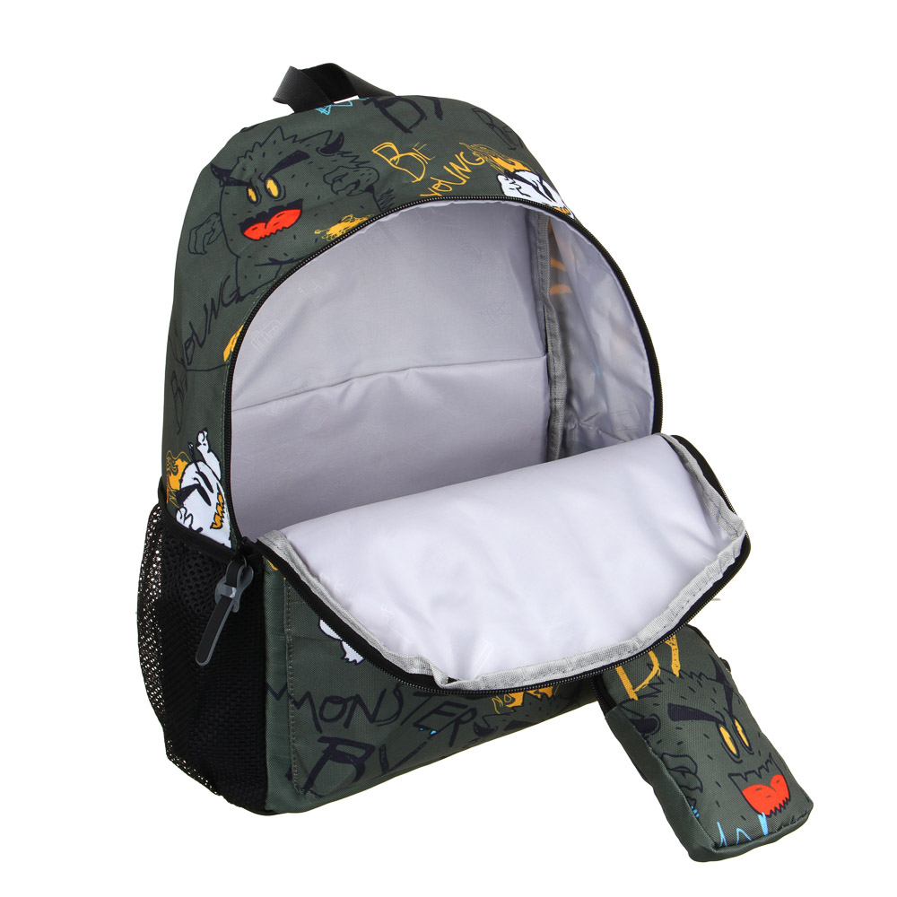 BY МОНСТРИКИ Рюкзак подростковый, 41x29x18см, 1 отд., 4 карм., плотный ПЭ, зеленый фон, кошелек, арт.№ 254-659