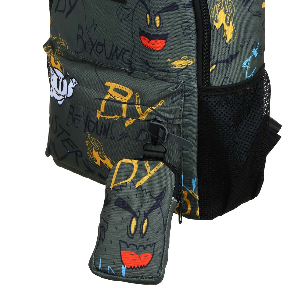 BY МОНСТРИКИ Рюкзак подростковый, 41x29x18см, 1 отд., 4 карм., плотный ПЭ, зеленый фон, кошелек, арт.№ 254-659