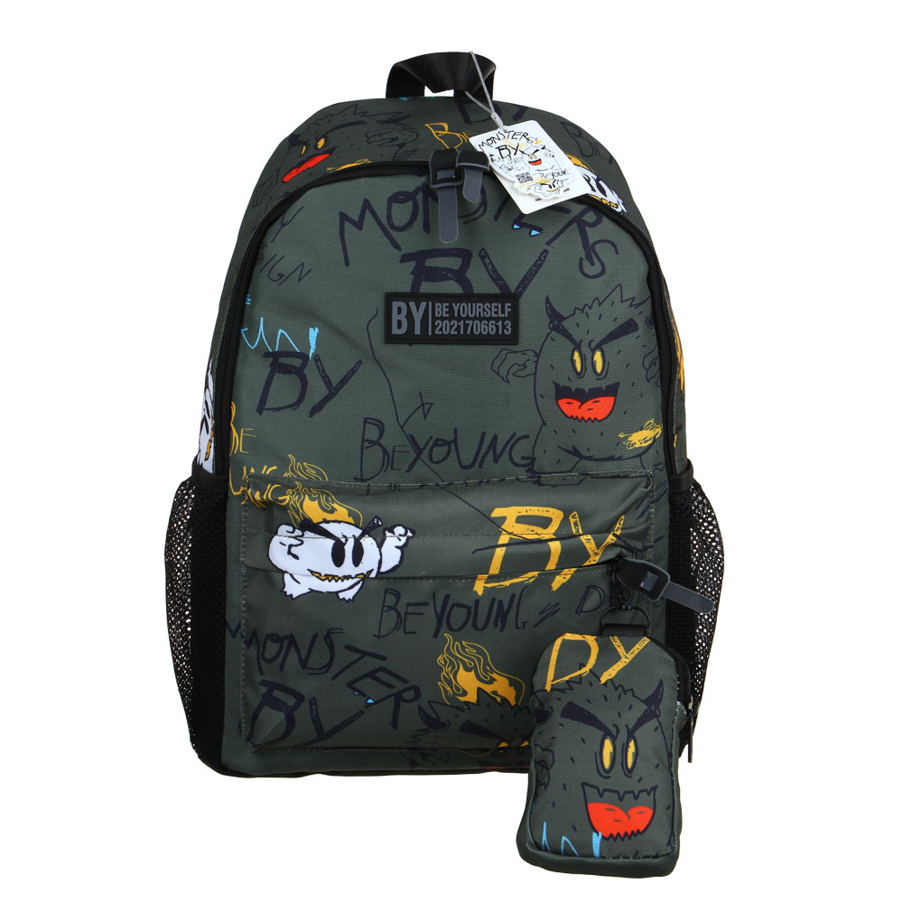 BY МОНСТРИКИ Рюкзак подростковый, 41x29x18см, 1 отд., 4 карм., плотный ПЭ, зеленый фон, кошелек, арт.№ 254-659