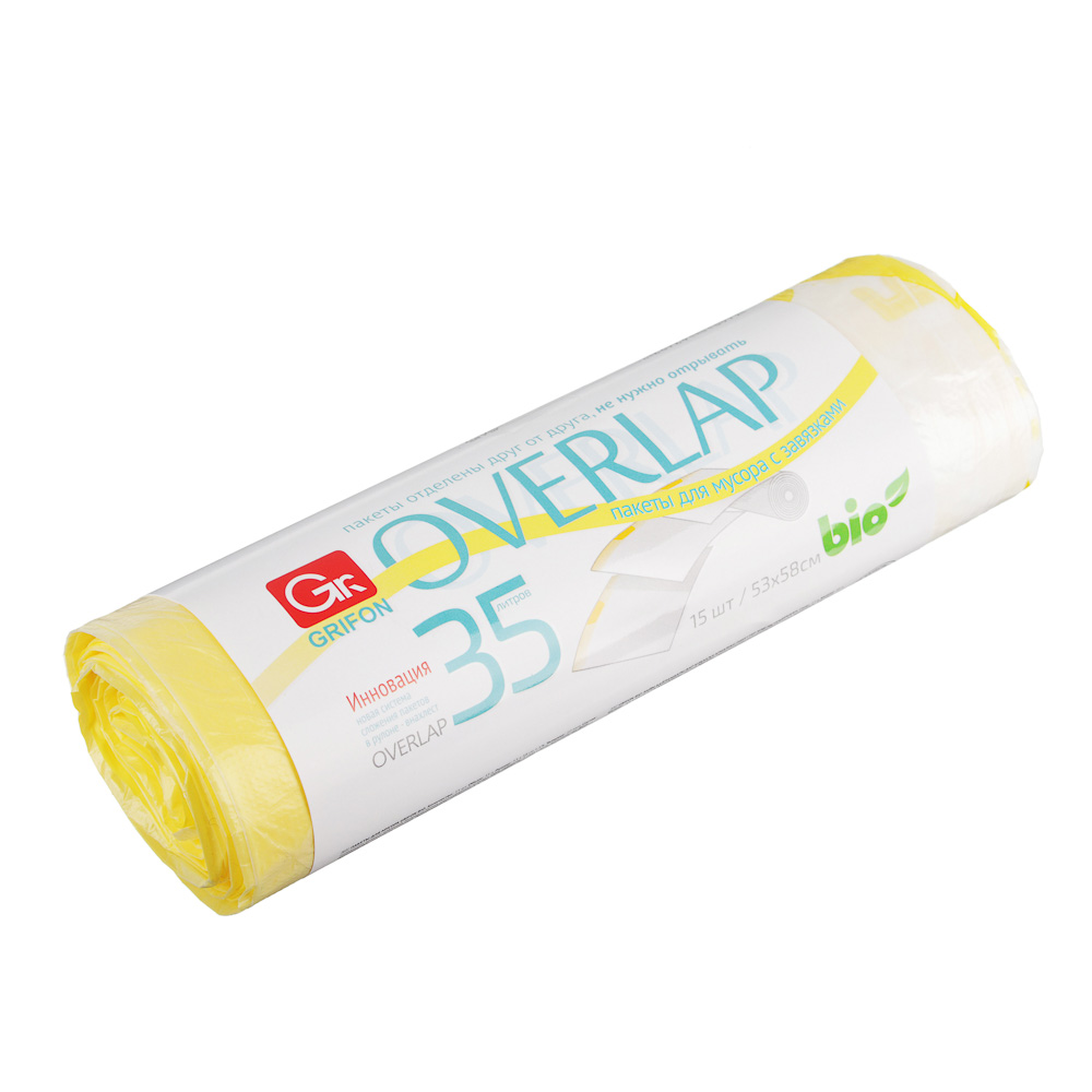 GRIFON Мешки для мусора БИО OVERLAP 35 л., 15 шт. с завязками, стандарт особо прочные, рулон, арт.№ 449-054