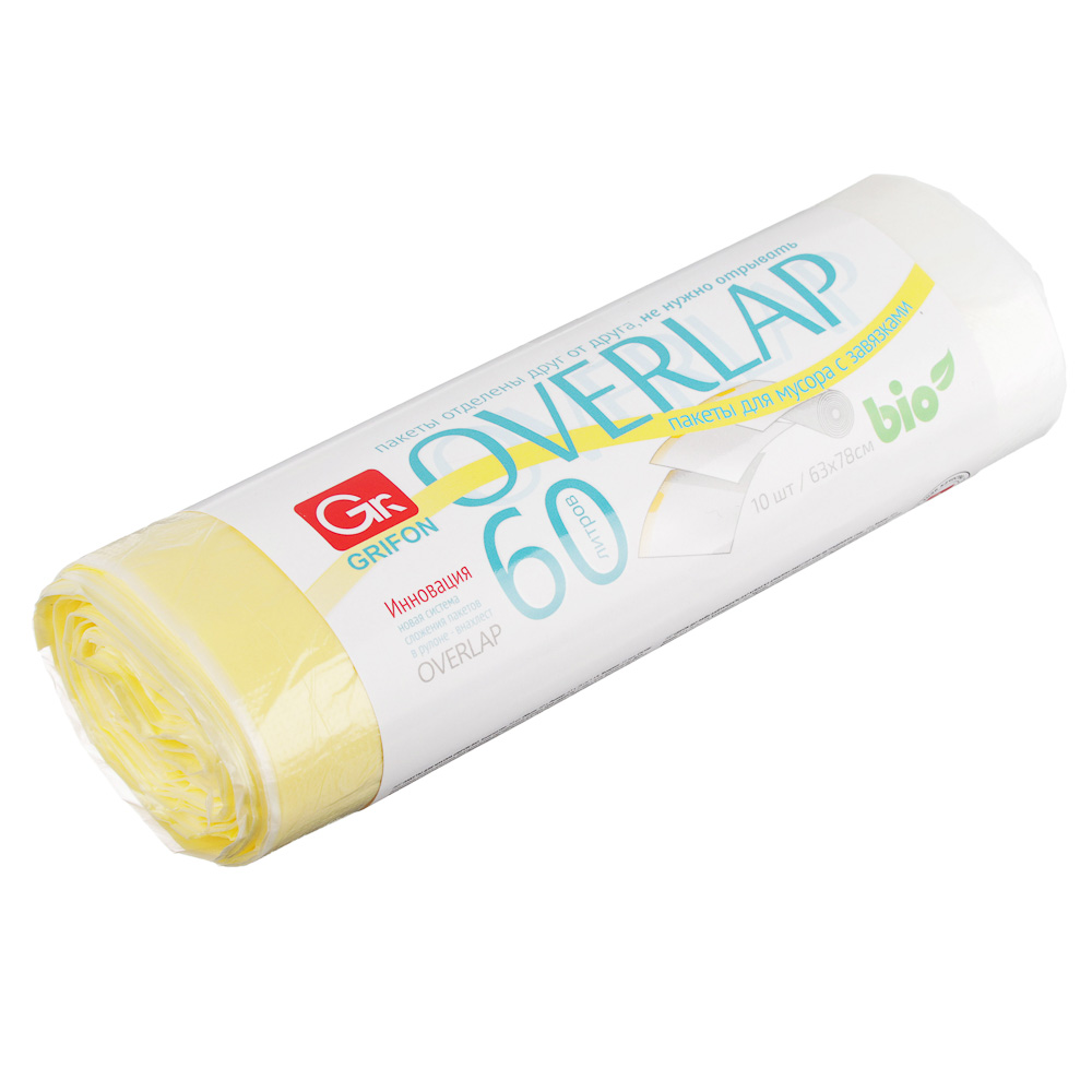 GRIFON Мешки для мусора БИО OVERLAP 60 л., 10 шт. с завязками, стандарт особо прочные, рулон, арт.№ 449-055