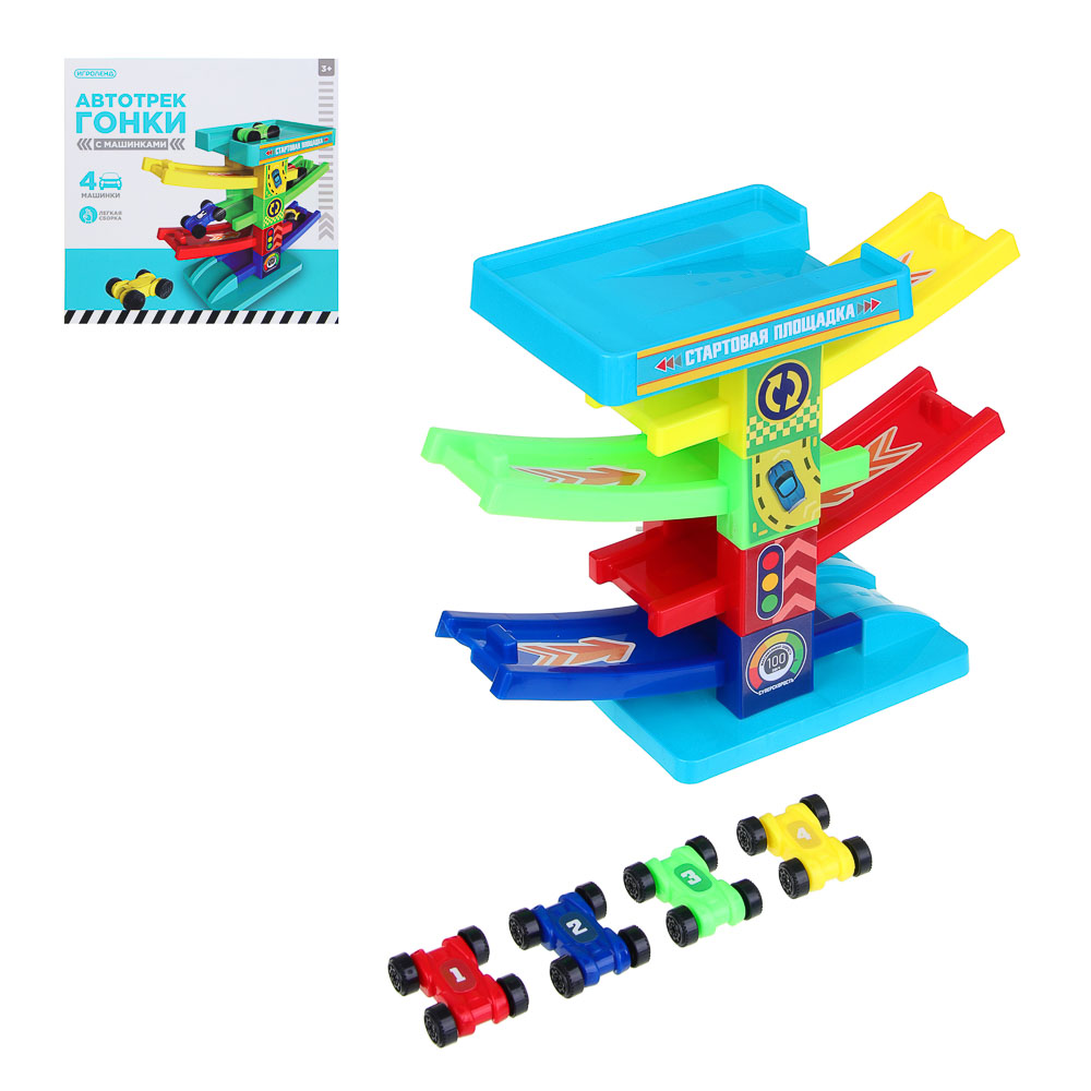 ИГРОЛЕНД Автотрек "Гонки", пластик, 4 машинки, 21,5х22х5 см, арт.№ 276-166