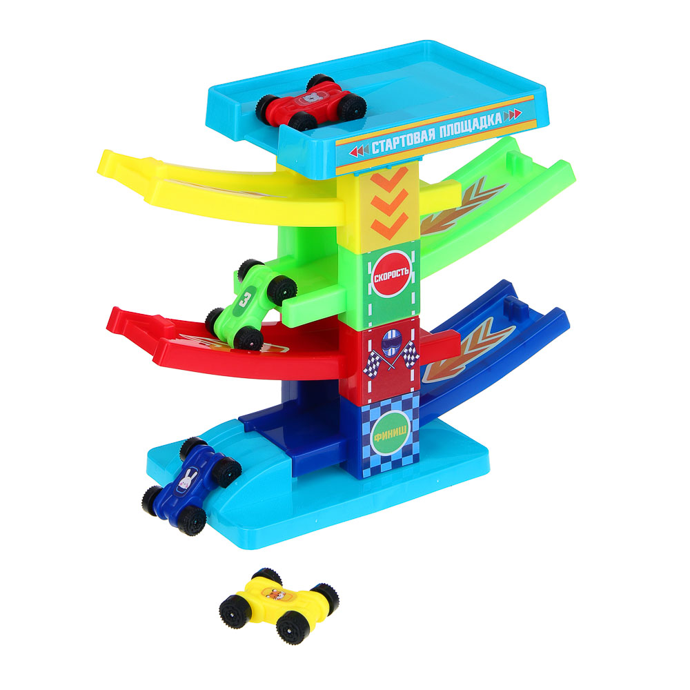 ИГРОЛЕНД Автотрек "Гонки", пластик, 4 машинки, 21,5х22х5 см, арт.№ 276-166