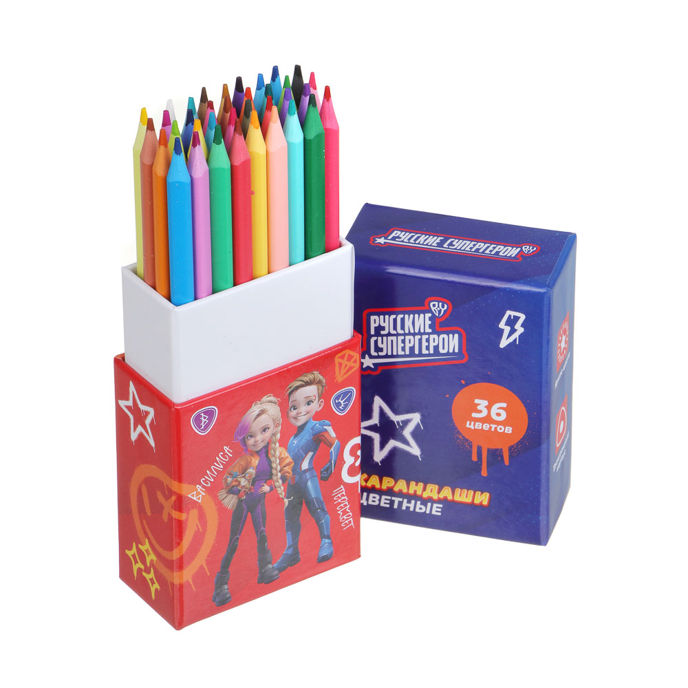 BY Русские Супергерои Карандаши 36цв., 3-хгран., коробка-подставка со съем.верхом, "Джуниор", арт.№ 801-031