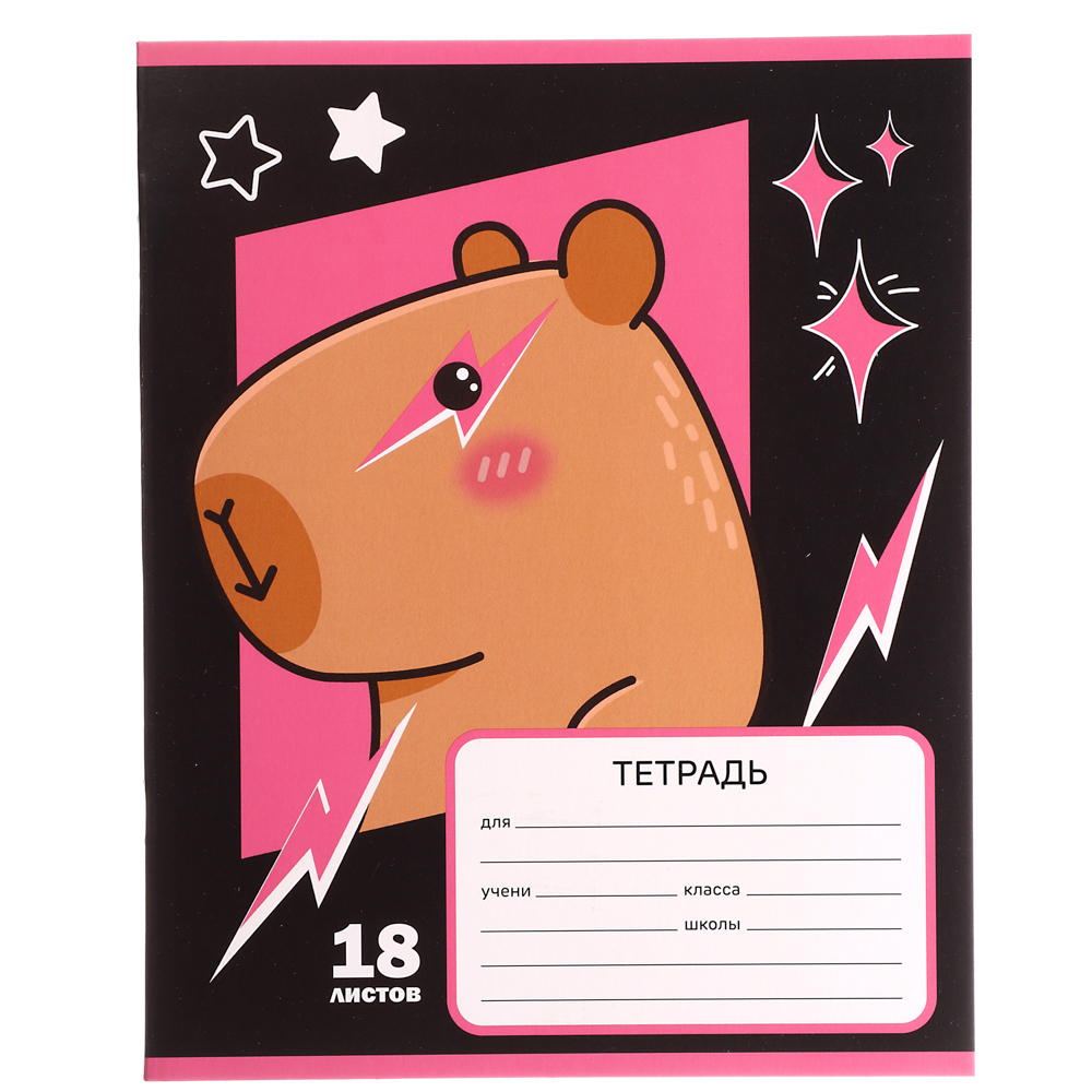 Тетрадь школьная 18л. в клетку, БЕЛЫЕ ЛИСТЫ, обл. картон 190г/м2, "Капибара" 4 диз., арт.№ 579-035