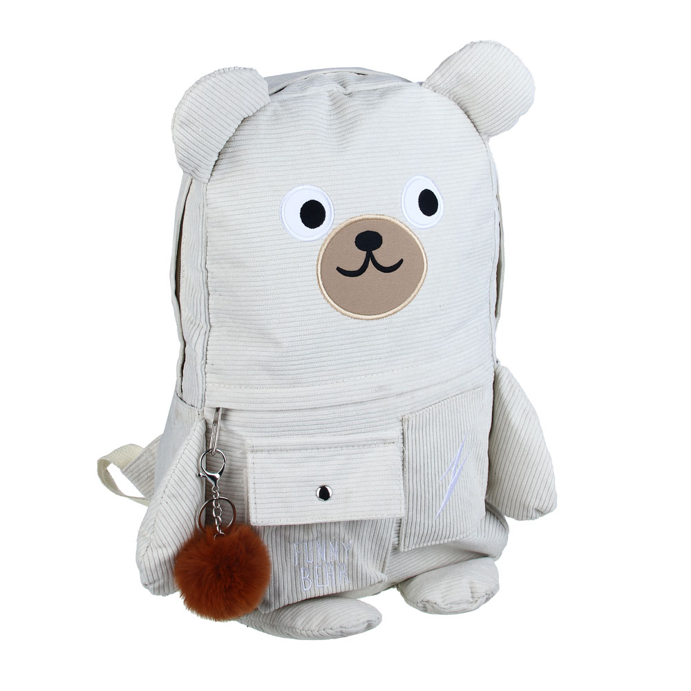 Рюкзак подростковый 44x30x13см, 1 отд., 5 карм., вышивка, декор "мишка", брелок, вельвет, молочный, арт.№ 254-724