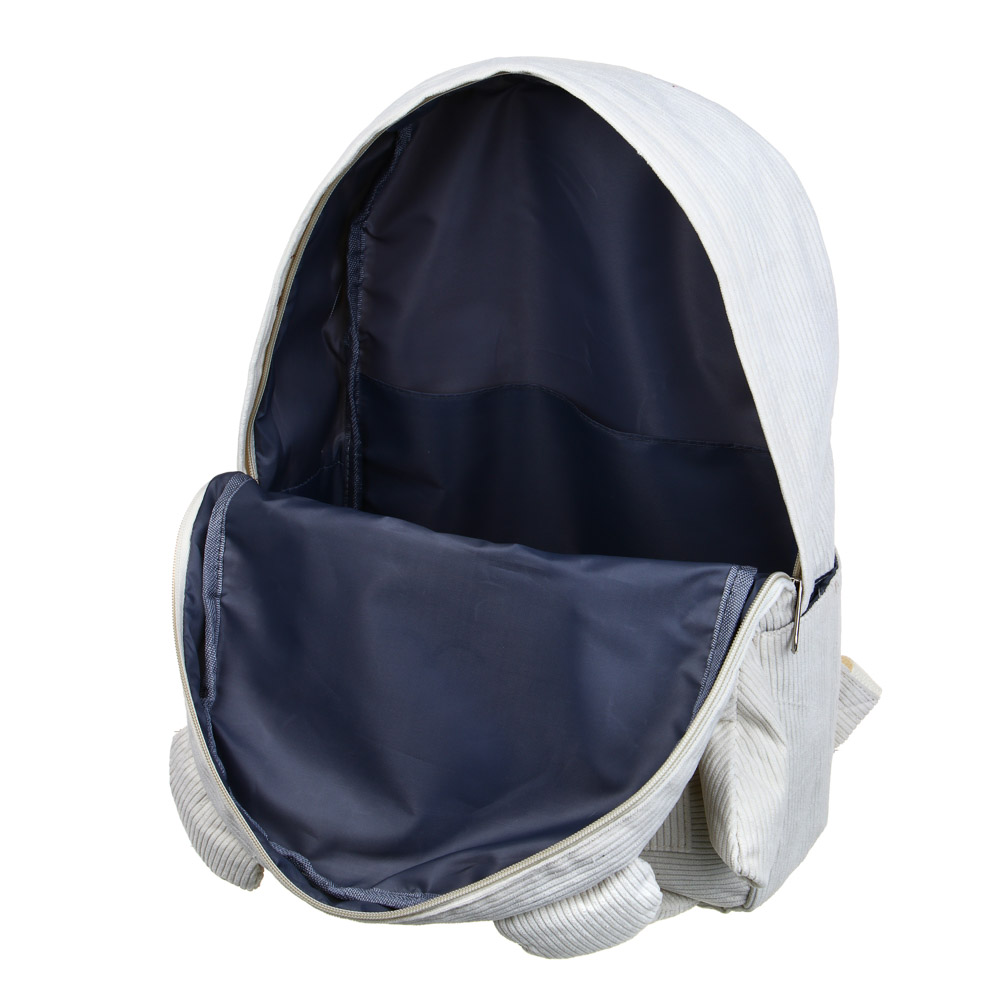 Рюкзак подростковый 44x30x13см, 1 отд., 5 карм., вышивка, декор "мишка", брелок, вельвет, молочный, арт.№ 254-724